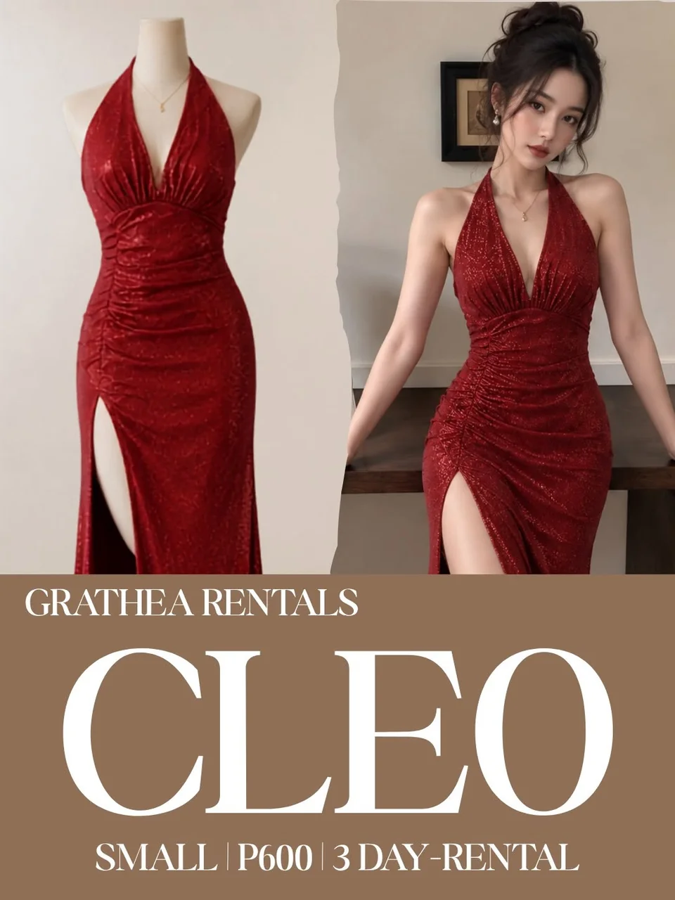 Cleo: A shimmering red halter gown with a plunging neckline, a gathered waist and a high front slit.