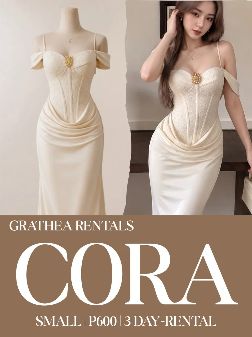 Cora: An ivory floor-length gown with a textured bodice, fine straps, draped off-shoulder sleeves and gathered fabric across the hips.