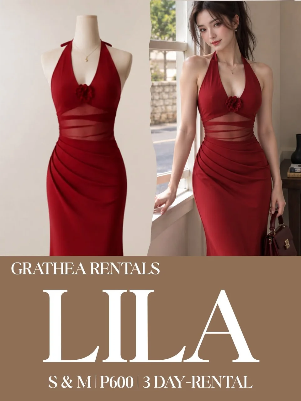 Lila: A red halter gown with a deep V neckline, a rose accent at the bodice, sheer panels across the waist and a softly gathered skirt.