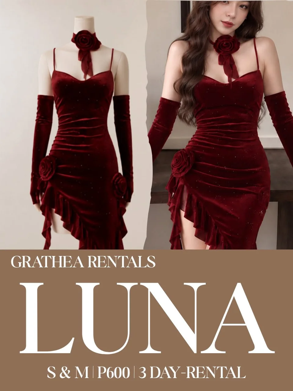 Luna: A burgundy dress with a gathered silhouette, an asymmetric ruffled hem and rose accents. Ask the shop which photographed accessories are included.
