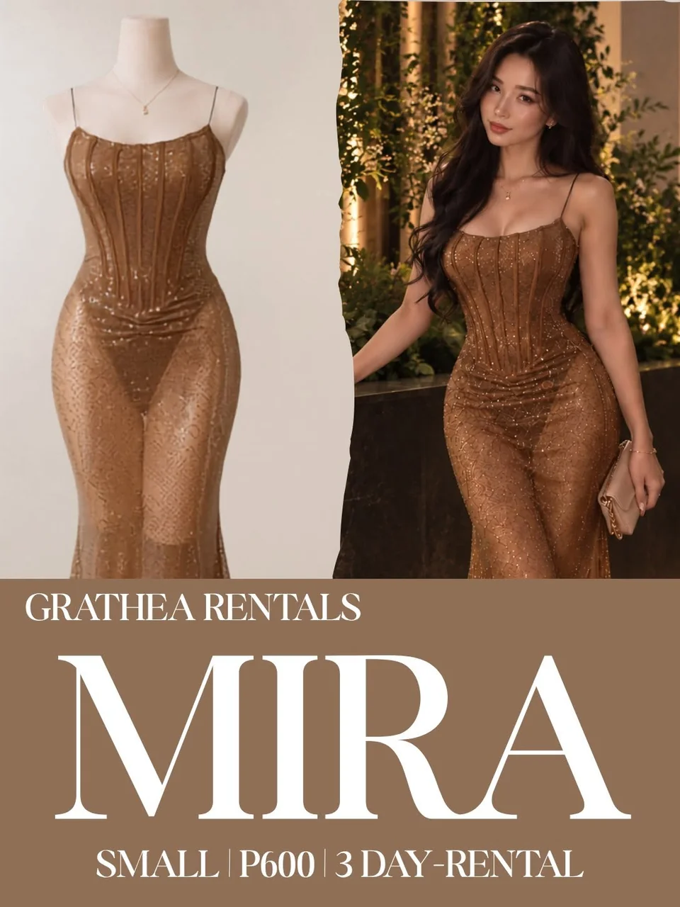 Mira: A shimmering bronze-gold gown with fine shoulder straps, a paneled bodice and a fitted silhouette opening into a flared hem.