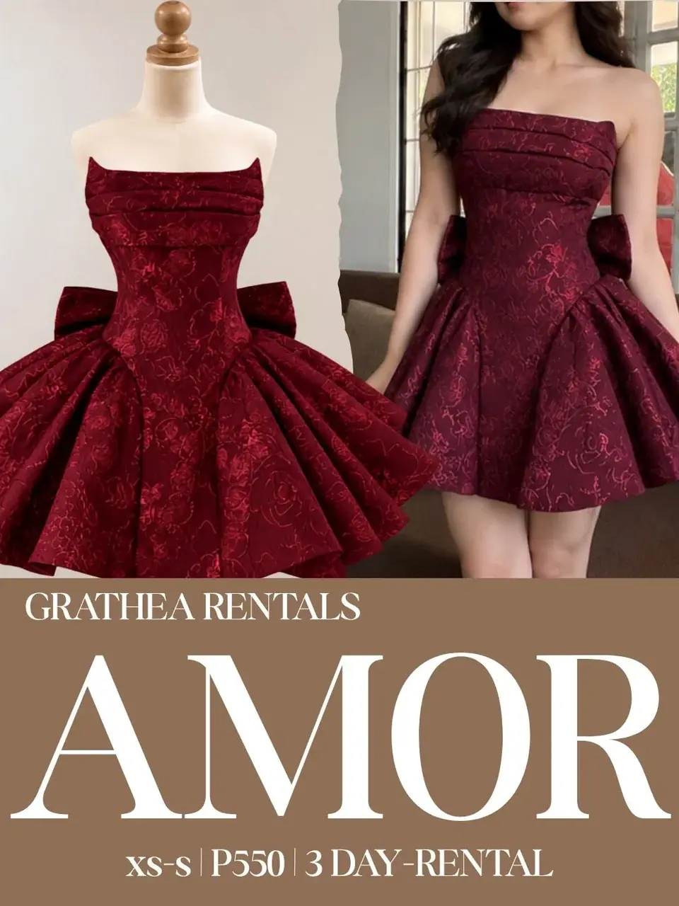 Amor: A burgundy strapless cocktail dress with floral texture, a pointed bodice and a full skirt with sculptural accents at the waist.