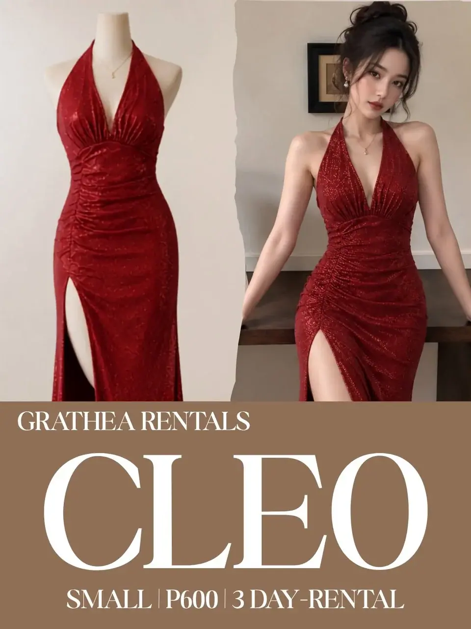 Cleo: A shimmering red halter gown with a plunging neckline, a gathered waist and a high front slit.