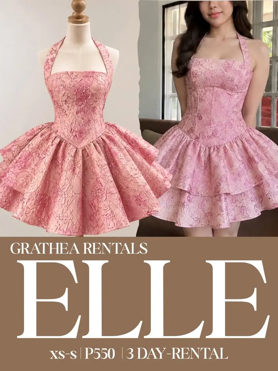 Elle: A blush pink floral-textured cocktail dress with a halter neckline, pointed fitted bodice and a full sculptural skirt.