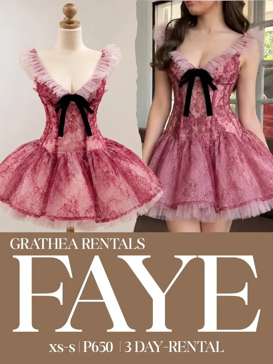 Faye: A pink floral cocktail dress with a ruffled neckline, a black bow and a full skirt finished with delicate ruffles.