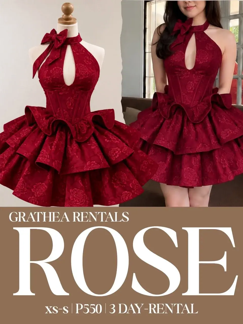 Rose: A floral-textured cocktail dress with a bow halter neckline, teardrop cutout, corset-inspired bodice and dramatic layers of ruffles.