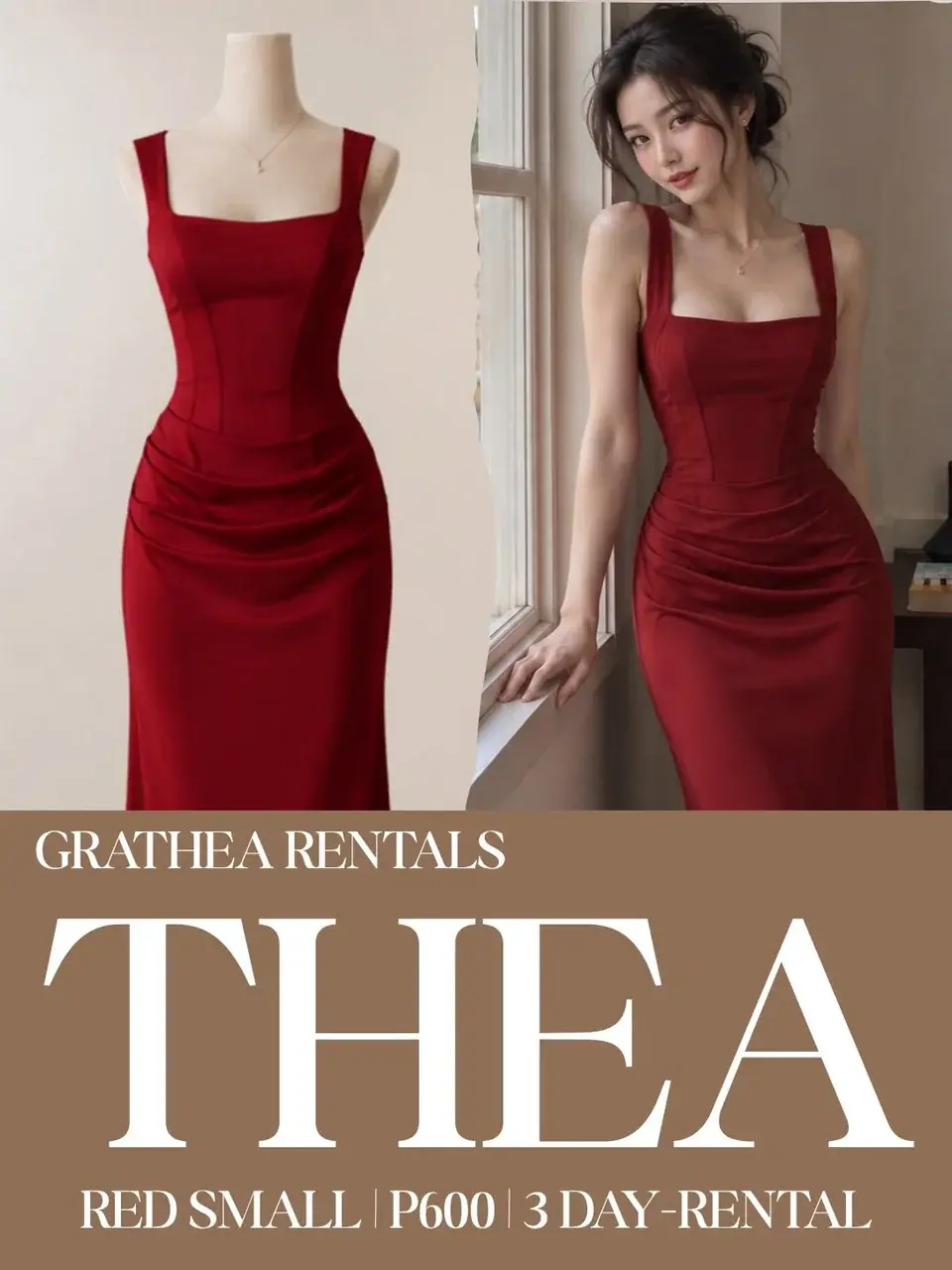 Thea Red: A red floor-length gown with broad straps, a square neckline, a structured bodice and softly gathered hips.