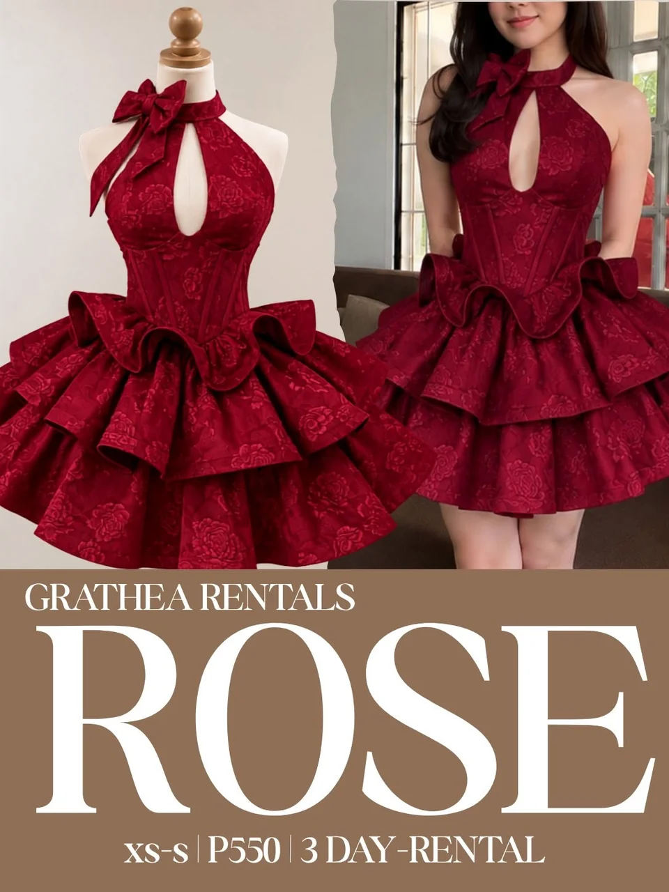 Rose: A floral-textured cocktail dress with a bow halter neckline, teardrop cutout, corset-inspired bodice and dramatic layers of ruffles.