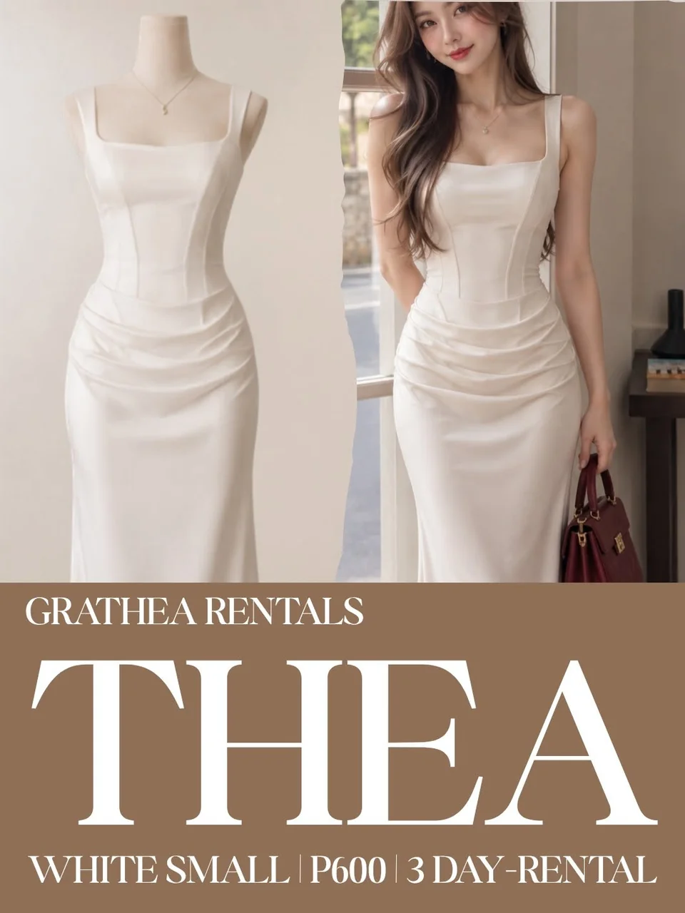 Thea White: A white gown with broad straps, a square neckline, a structured paneled bodice and softly gathered fabric across the hips.
