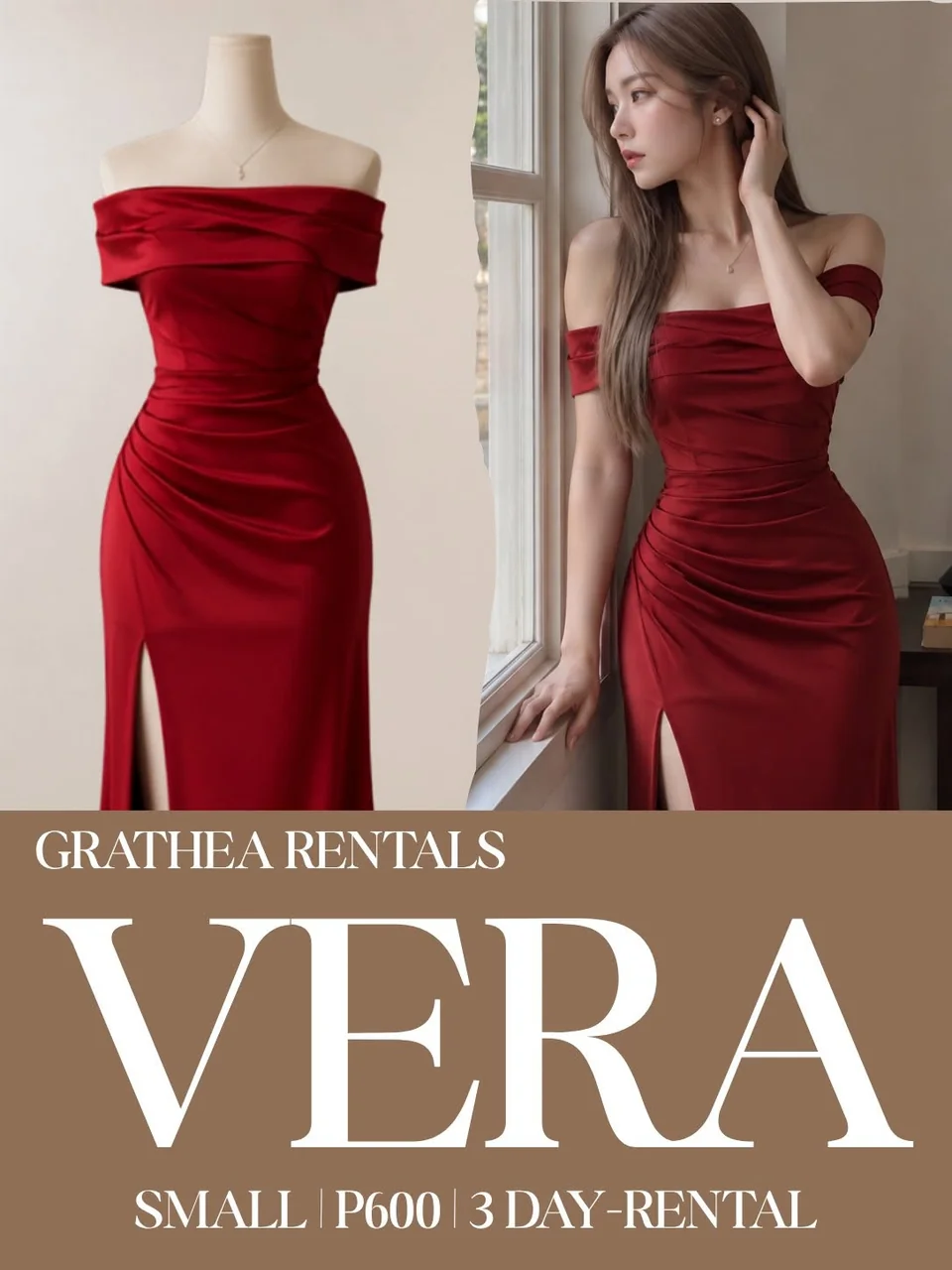 Vera: A red floor-length gown with a folded off-shoulder neckline, a draped waist and a striking front slit.